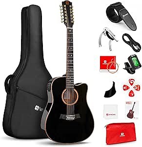 Vangoa Advanced 12 String Guitar, Full Size Twelve String Guitar Acoustic Electric 4 Band EQ Electroacoustic Set for Professional Beginner Adults Intermediate, Spruce Top, Glossy Black