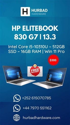 HP EliteBook 830 G7 | 13.3″ | Intel Core i5-10310U – 512GB SSD – 16GB RAM | Win 11 Pro Hadda Dalbo: https://hurbadhardware.com/product/hp-elitebook-830-g7-13-3-intel-core-i5-10310u-512gb-ssd-16gb-ram-win-11-pro/ WhatsApp: https://wa.me/447970551162  Deliverygu waa bilaash magaaladii aad kaga sugan tahay bariga Africa ama wadamada geeska waa laguugu keenayaa insha allah | Hurbad Institute of Technology | Facebook