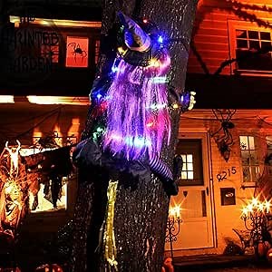 Large Crashing Witch Halloween Outdoor Decorations,Halloween Lighted Flying Witch,Crashing Witch into Tree Halloween Yard Decorations for Tree, Yard, Patio, Porch Outdoor Decoration