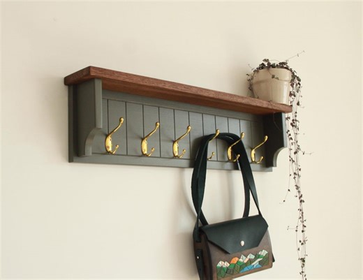 Olive Green Coat Rack With Oak Shelf: Rustic Farmhouse Entryway Organizer - Etsy