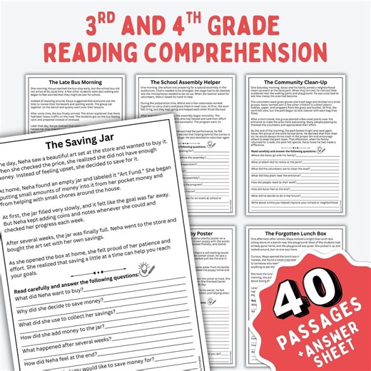 3rd 4th Grade Reading Comprehension Passages (digital Download), ELA Worksheets, 40 Reading Passages With Questions - Etsy