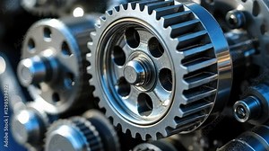 Precise Gear Mechanism: A detailed close-up of intricate metal gears interlocked in a complex machine, showcasing precision engineering and industrial mechanics.