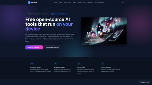 AI Create: Free, private browser-based AI tools for images, video, text, and design without sign-up.