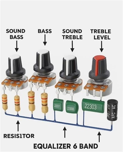 Pnaresh Kumar on Instagram: "Potentiometers: The four knobs labeled "SOUND BASS," "BASS," "SOUND TREBLE," and "TREBLE LEVEL" are potentiometers. A potentiometer is a three-terminal variable resistor used to control the flow of electric current by adjusting resistance. In this equalizer, they are used to adjust the levels of different frequency bands. Resistors: The components labeled "RESISITOR" are resistors, which are passive two-terminal electrical components that implement electrical resista
