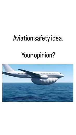 Lucky Clips on Instagram: "The post shares an animation of a commercial jet deploying massive inflatable pontoons from its fuselage and wings for emergency water landings, proposing it as a safety innovation to mimic seaplane flotation. Replies predominantly express skepticism, citing momentum-induced flips on impact, prohibitive added weight for rare events, and comparisons to lighter helicopter systems, with sarcastic alternatives like AI teddy bear catches. Similar inflatable float kits exist