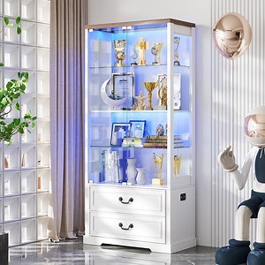 VKCC 66.9" Display Cabinet with LED, Glass Door Curio Showcase with Drawers, 4-Tier Storage for Collectibles, White - Walmart.com
