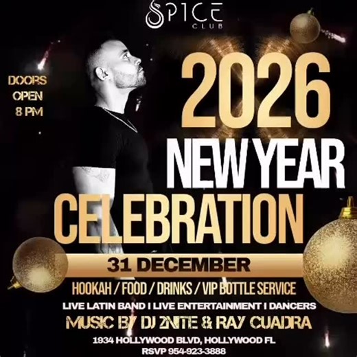 🔥✨ NEW YEAR’S EVE AT SPICE CLUB ✨🔥 Where Hollywood celebrates BIG. This is not just a party. This is THE NIGHT. 🥂 VIP Bottle Service 🎶 Top DJs LIVE BAND 💃 Live Performers & Dancers 🔥 Exclusive crowd • Sexy vibes • High energy 🍾 Midnight champagne toast to welcome 2025 in style 📅 December 31st ⏰ 8PM – 4AM 📍 1934 Hollywood Blvd, Hollywood FL Dress to impress. Bring your best energy. Celebrate like you deserve. 😈✨ 🚨 VIP TABLES & RESERVATIONS 🚨 📩 DM us now 📞 (954) 923-3888 🔥 Spice Clu