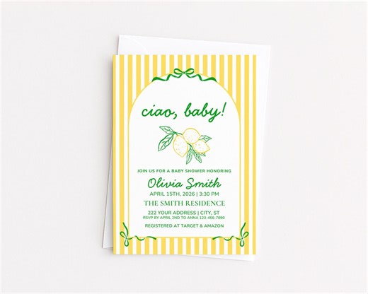 Ciao Baby Invitation, Lemon Baby Shower Invite, Citrus Summer Decor, Editable Canva Template - Etsy