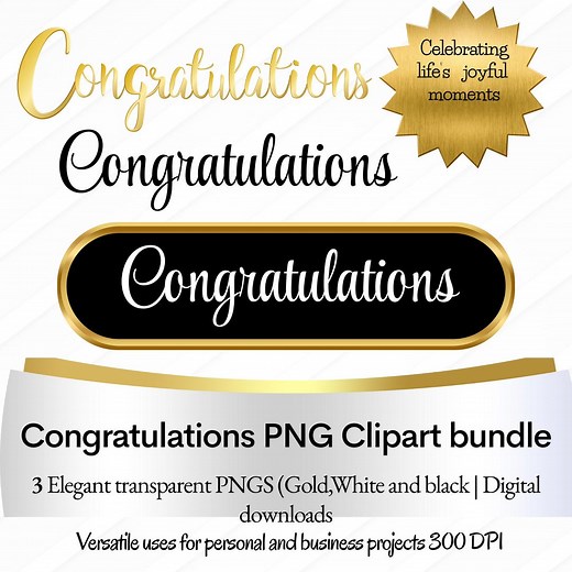 Elegant “congratulations” Clipart Bundle | Gold, Black & White Pngs | Transparent Digital Download | Celebration Word Art - Etsy