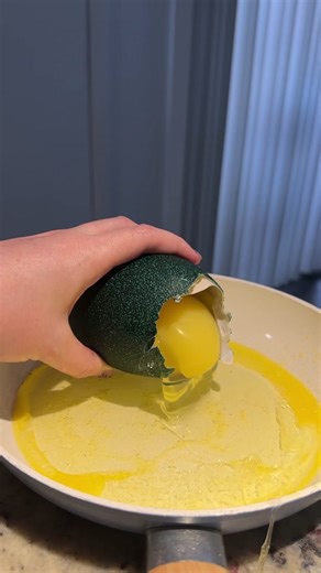 Though I’m not at Coachella or watching the Masters today I’m going to show you all how to fry an emu egg! This has been my dream ingredient for awhile now and I was finally able to source one from @Forest Meadow Ranch 💙 Emu eggs have a beautiful bluish green color with a rough texture. They are huge compared to regular chicken eggs. I was absolutely terrified when I was opening the emu egg. I used the back of a kitchen knife to gently tap the egg until it started to crack. Then I removed the t