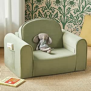Tiny Land 2-in-1 Foldable Kids Couch with Pockets – Soft Thick Toddler Sofa, Lounger Couch, Convertible Kids Chair for Playroom, Bedroom or Living Room, Gift for Boys & Girls(Green)