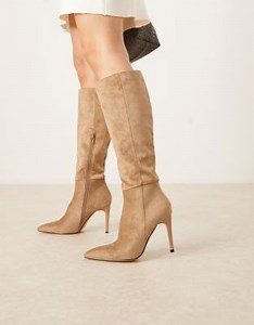 Glamorous Wide Fit pointed toe heeled knee boots in tan suede | ASOS