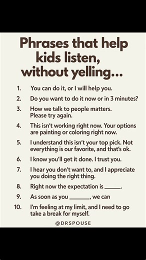 Before you yell… try this instead 🫶✨ These phrases aren’t just gentle — they build connection, trust, and cooperation. When kids feel heard and respected, they’re more likely to listen — not out of fear, but because they feel safe and understood. Why it works: ✅ Gives kids clear expectations without power struggles ✅ Models respectful communication ✅ Helps regulate your emotions too ✅ Builds emotional intelligence over time This is a parenting tool, not a quick fix — but with practice, it chang