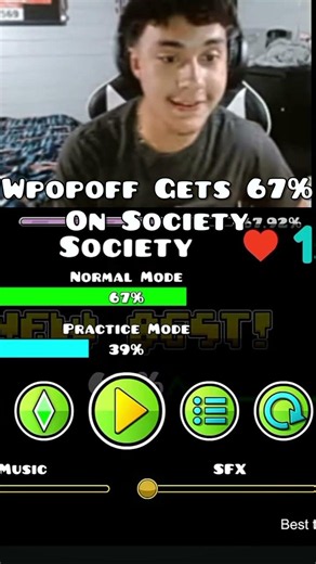 wPopoff Gets 67% On Society 😭 #geometrydash #shorts