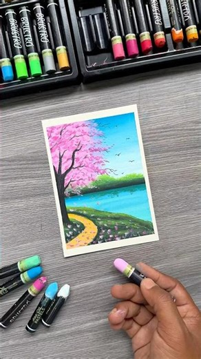 🌸 Easy Cherry Blossom Landscape with Oil Pastels #art #oilpastel #shorts