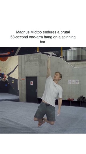 Magnus Midtbo endures a brutal 58-second one-arm hang on a spinning bar.