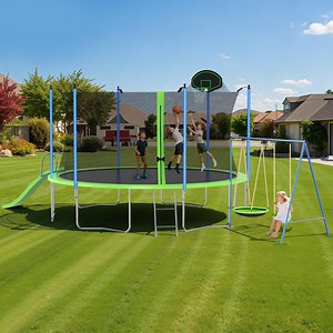 14FT Trampoline with Slide, Swing, SEGMART Recreational Trampoline with Basketball Hoop and Ladder, Heavy Duty Outdoor Backyard Trampoline with Net for Kids and Adults, Green