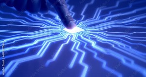 Super Computer Turning On With Biometric Scanning Technology. Circuits Activated By AI High Tech Computer.