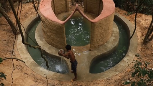Watch two men dig a hidden shelter with a swimming pool and fish pond