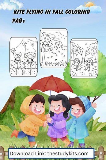 Kite Flying in Fall Coloring Pages for Kids – Fun Autumn