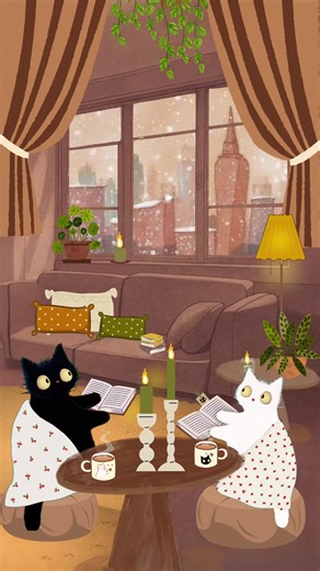 Midnight & Moonlight romanticize life with simple things 🐾☕️✨ quiet evenings, a warm cup of coffee, a good book and watching the world outside the window 🪟😌 #catanimation #catillustration #cozyart #catlovers #midnighttheloficat