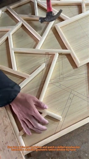 Handcrafted Geometric Lattice Window: Woodworking Art in Progress