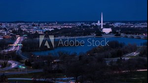 Aerial view of Washington D.C. from Top of Town restaurant, Arlington, Virginia shows Lincoln & Washington Memorial and U.S. Capitol