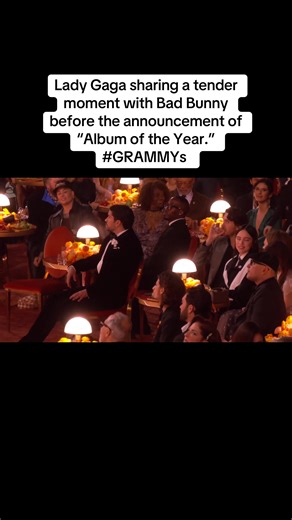 Lady Gaga sharing a tender moment with Bad Bunny before the announcement of “Album of the Year.” #GRAMMYs #BadBunny #ladygaga #badbunnypr #DTMF