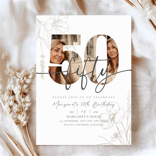 50th Birthday Invitation Editable Female B-day Photo Invite for Women Minimalist Boho Digital Template Modern Birthday Invitation in Canva - Etsy