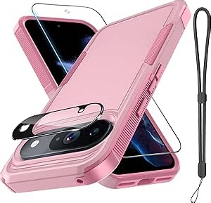 for Google Pixel 10 & Pixel10 Pro Case with Wrist Lanyard Strap+Tempered Glass Screen Protector+Camera Lens Cover,Full Body Heavy Duty Rugged Shockproof Protective Phone Cover,Cute Pink