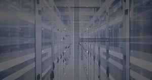 Data processing animation over server room with digital world map overlay. Technology, cybersecurity, data center, global, visualization, network