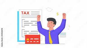 Economy and finance. Moving male entrepreneur pays taxes and rejoices. Wealthy businessman gives part of his income or profits to state. Budget management. Graphic animated cartoon in doodle style