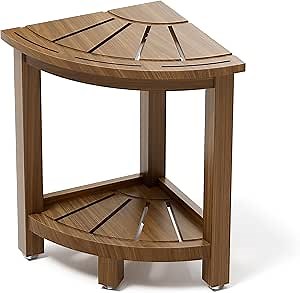 Teak Shower Bench 16.5" Corner Shower Stool with Storage Shlef, Corner Shower Seat for Inside Shower, Wooden Shower Stool for Shaving Legs, Indoor & Outdoor