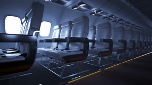 Countless rows of empty airplane seats. Infinite, endless, seamless loop. 4K HD