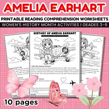 History of Amelia Earhart Reading Comprehension Worksheets, Women’s History
