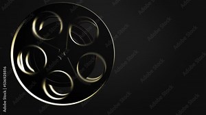 Movie tape, graphics composition element. Reel tape spool rolling in a dark classic cinema concept. CG close up shot, ideal for movie show intros or logos