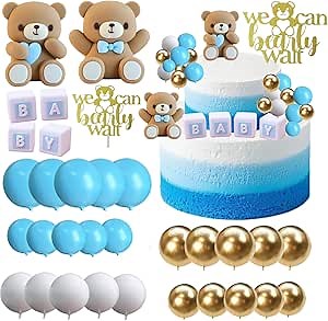 ALISSAR 32Pcs Bear Cake Toppers for Baby Shower with Balls, We Can Bearly Wait Cake Topper, Bear Baby Shower Decorations (blue)