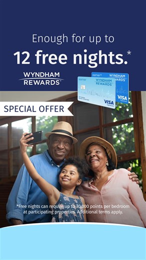 With the Wyndham Rewards Earner Card® you can earn up to 6x points on Hotels by Wyndham and gas, 4x on groceries and dining, and 1x on everything else! Plus, for a limited time, you can earn up to 12 free nights! Apply now.​ Free nights can require up to 30,000 points per bedroom at participating properties. Additional terms apply.​ Conditions & restrictions apply. Without limitation, bonus point offers may require minimum spend obligations. | Wyndham Rewards
