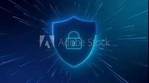 Cyber security animation - a shield with lock icon. Hi-tech style seamless loop video. Advanced technology 3D big sign. Cybersecurity blue theme with moving particles. Computer animation.
