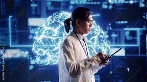 Hardworking system administrator in data center uses artificial intelligence computing simulating human brain thought processes. Server room manager works on tablet with AI machine learning algorithms