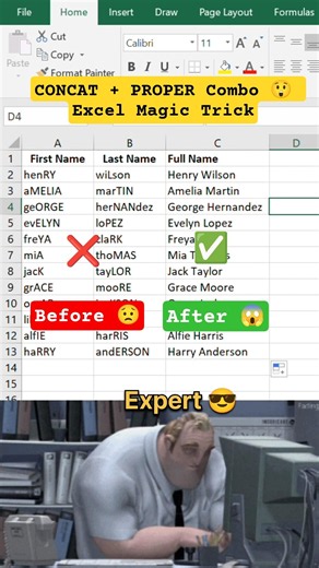 Messy Data 🥹 Part 7 | Merge & Clean Names in Excel 🔥#excel #exceltips #exceltricks #concat #proper
