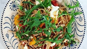 Spelt spaghetti with vine tomatoes and baked ricotta