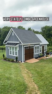 Not your average backyard building This custom greenhouse garden shed combo was designed for a client who wanted anything but ordinary -and the result is nothing short of stunning. With higher wall heights and a steep roof pitch, the 12' x 12' atrium greenhouse adds dramatic height and presence, while the attached 14' x 16' Colonial Garden Shed brings balance and classic charm. Wrapped in custom-colored SmartPanel board & batten siding, and finished with a shingle roof and standing seam metal ga