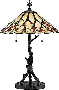 Quoizel Whispering Wood 2-Light Valiant Bronze Table Lamp, Handcrafted Tiffany Style Art Glass Desk Lamp, Genuine Agate Stone Accents, Traditional Resin Construction Vintage Lamp