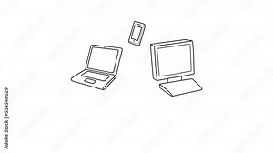 technology connections laptop, pad, phone, computer communications sketch and 2d animation
