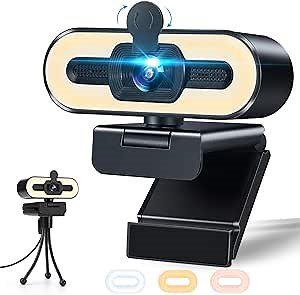 1080P Webcam with 3 Color Ring Light and Microphone, HD USB Web Camera, Plug & Play, Privacy Cover, Free Tripod, Autofocus, for Computer,PC,Laptop,Zoom Call,YouTube,Live Streaming,Video Conferencing