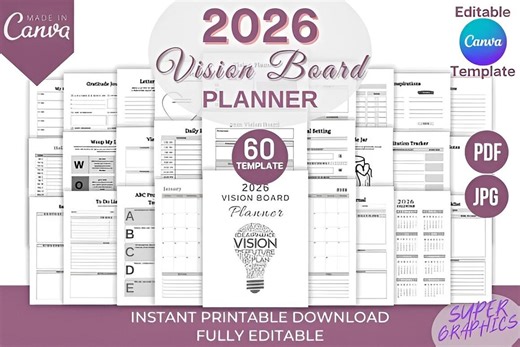 2026 Vision Board Planner Canva Template Editable Printable PDF - Etsy
