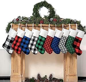 2024 New 1PC Christmas Stockings Decorations 18 inches Red Buffalo Plaid Xmas Ornaments Cotton with Embroidered Decor for Family Decorations Hanging Ornament (Black Medium Plaid)