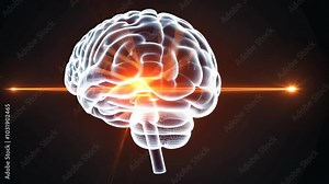 A human brain inside a glowing, transparent cube, with holographic data projections shooting from it. The brain appears connected to a global network of technology.