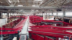 Postal Parcel Sorting Line, Postal Conveyor System, Parcels are Moving on Belt Conveyor at Post Sorting Office,